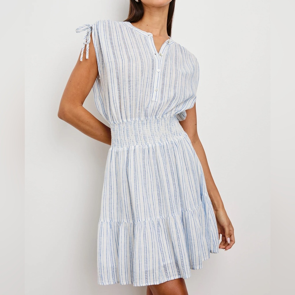 Rails Samina Sonoma Stripe Dress White Blue Smocked Linen Blend Sz L